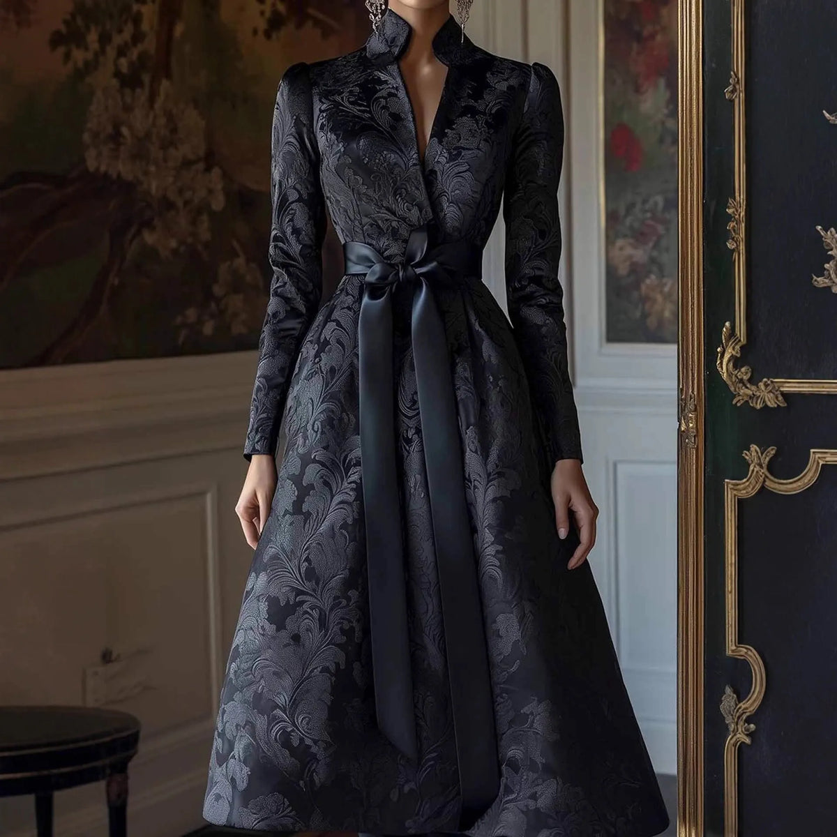 Solid colour long sleeve satin party dress with high waist and stand collar midi length