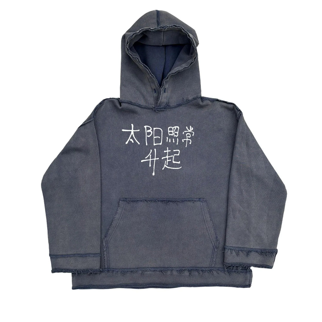 Dark blue zip-up hoodie sweater on a hanger showing the front zip, hood, and long sleeves.