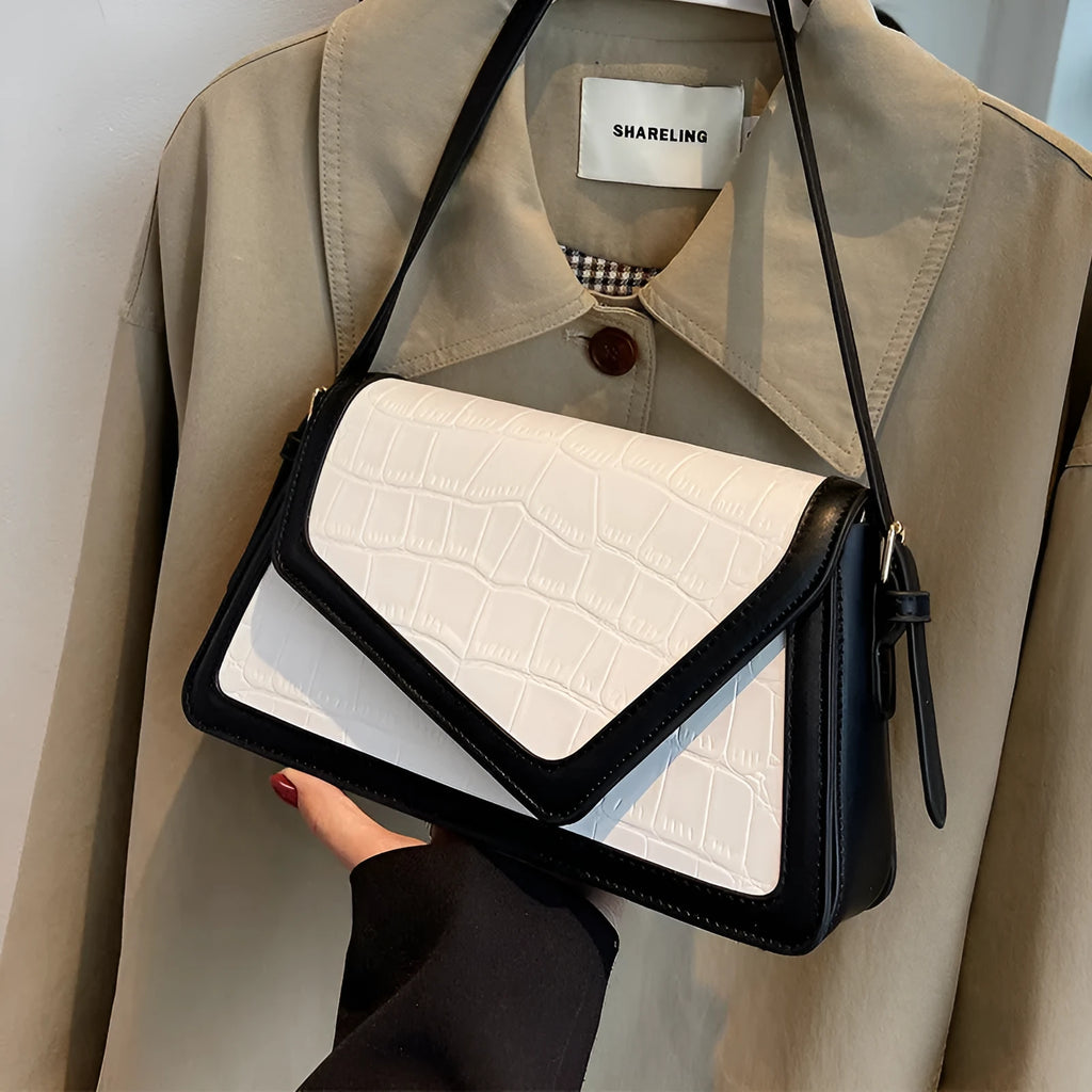 Stone pattern square shoulder bag in PU material showing horizontal suitcase shape with one-shoulder strap
