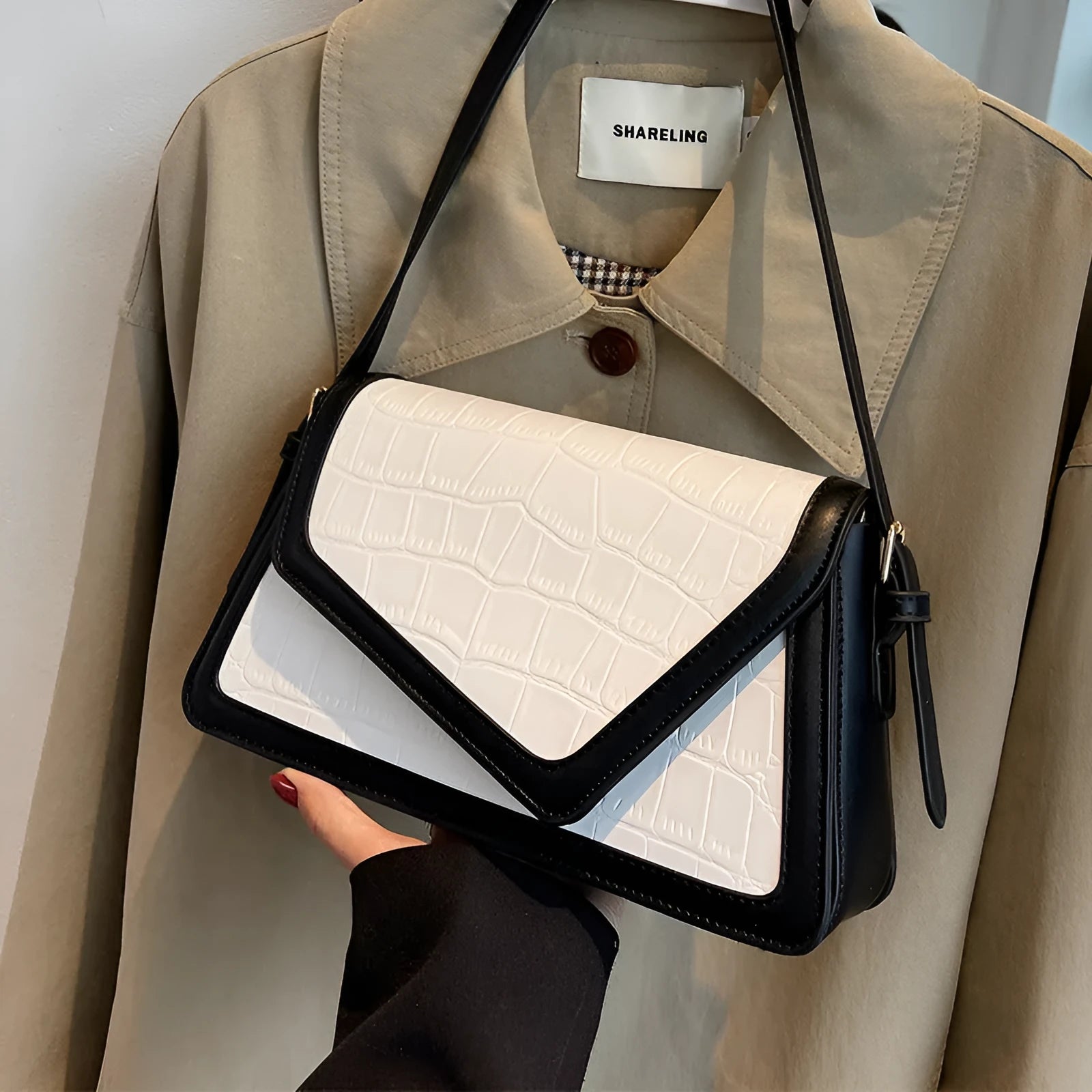 Stone pattern square shoulder bag in PU material showing horizontal suitcase shape with one-shoulder strap