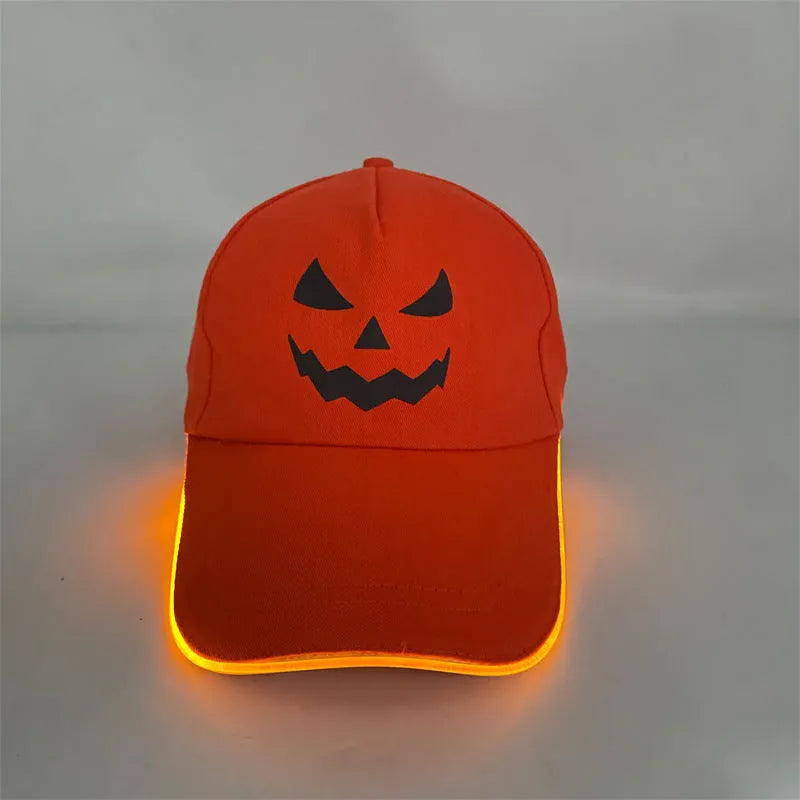 LED illuminated baseball cap for Halloween with pumpkin smile yellow light pattern