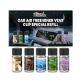 Car air freshener refill pack with five small bottles of liquid in different scents including cologne, ocean, vanilla, lavender and citrus.