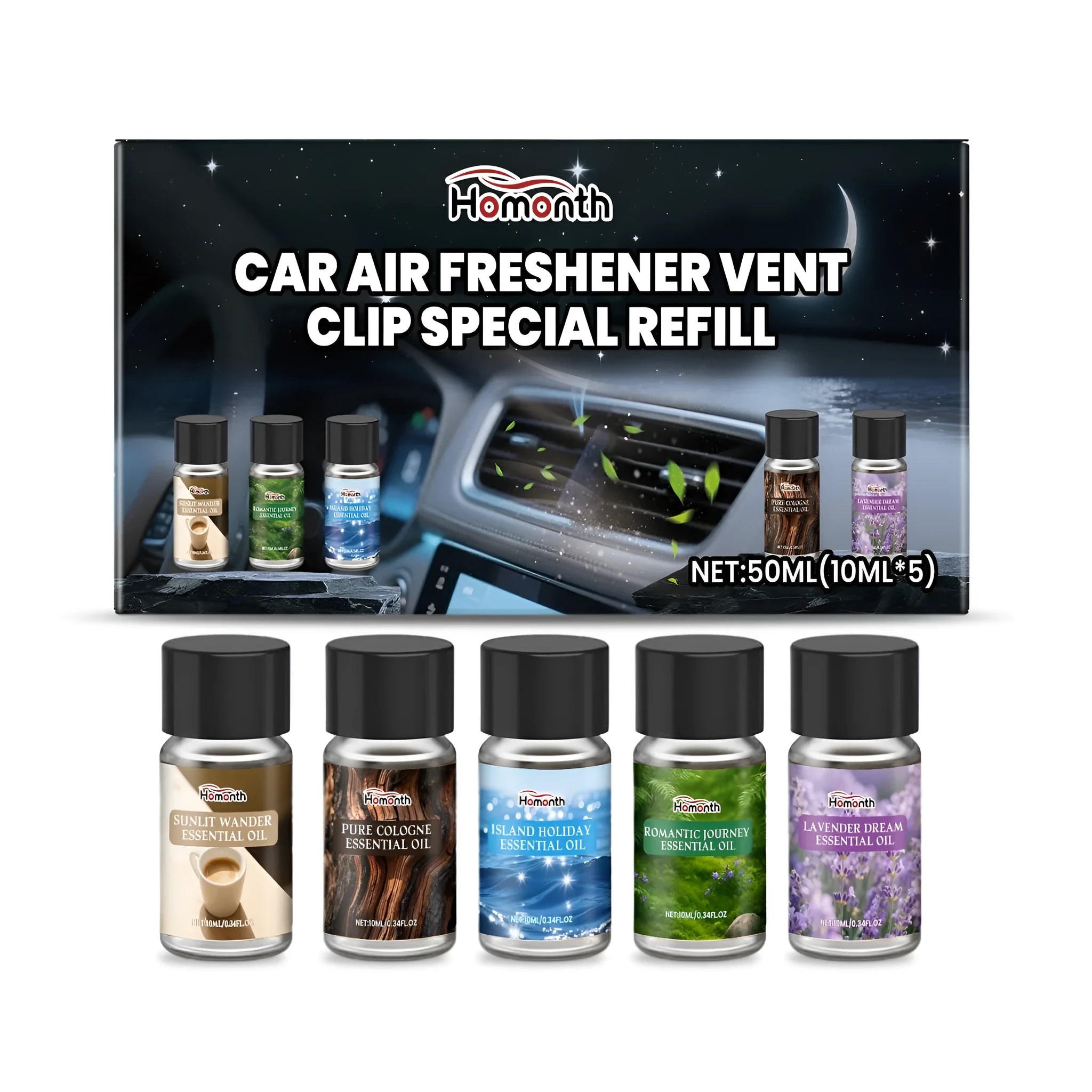 Car air freshener refill pack with five small bottles of liquid in different scents including cologne, ocean, vanilla, lavender and citrus.