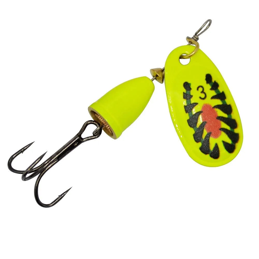 R-shaped metal fishing lure with rotating sequins and copper bell in gold, silver, red, yellow, and green colour variations
