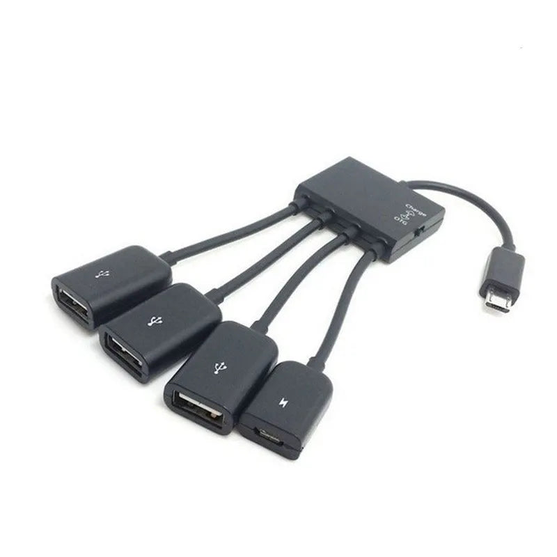 Black Micro USB OTG one-to-four adapter with charging switch, 0.25m cable, for Android phones and tablets.