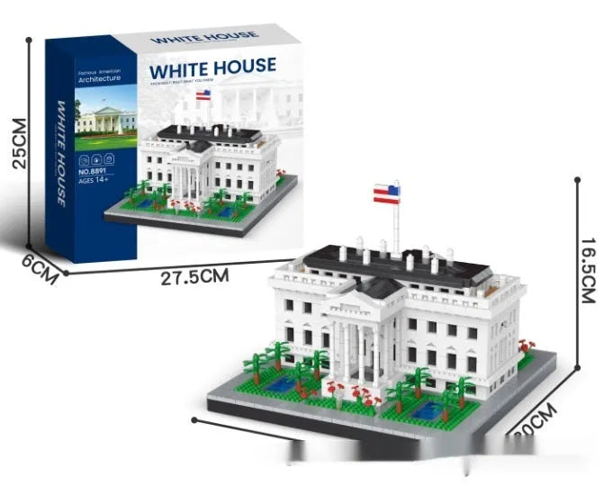 Micro particle plastic building block set to construct a landmark model such as the White House or Eiffel Tower