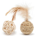 Two cat toys: a rattan ball and a faux feather ball with bell for interactive feline play