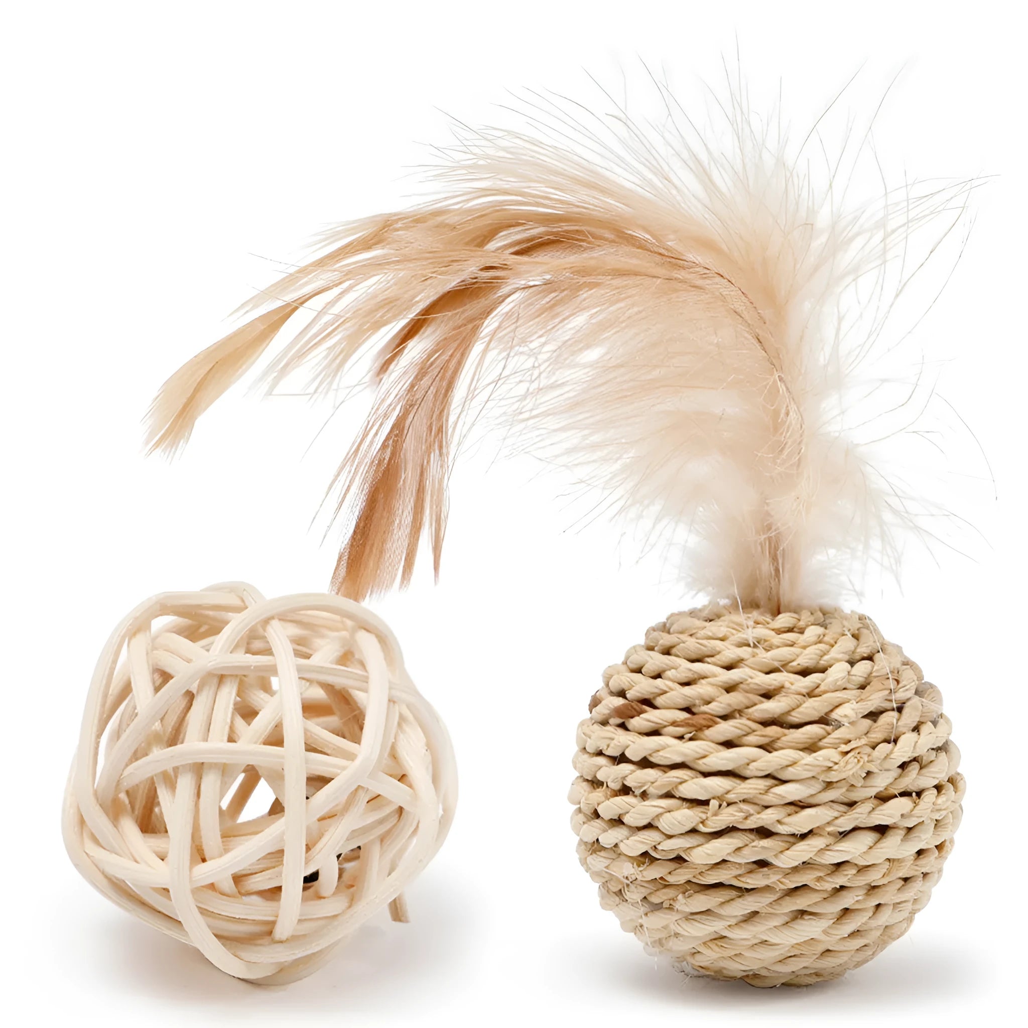 Two cat toys: a rattan ball and a faux feather ball with bell for interactive feline play