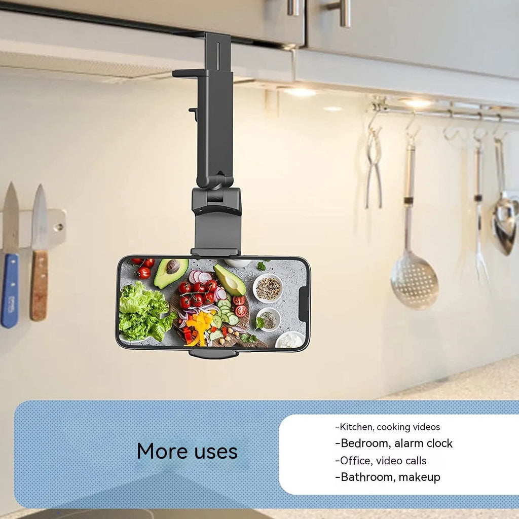 Foldable rotating phone holder in black grey and green colours showing adjustable viewing angles