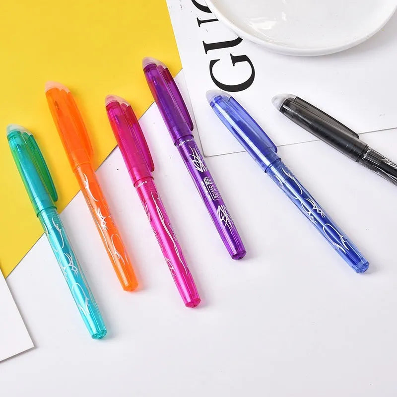 Set of heat-erasable gel pens with plastic bodies and stainless steel nibs in multiple colours.