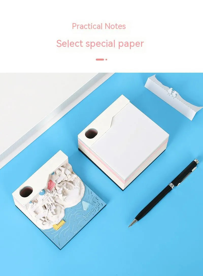 Santoorini 3D paper carving notepad model with LED lights, showing layered beach construction.