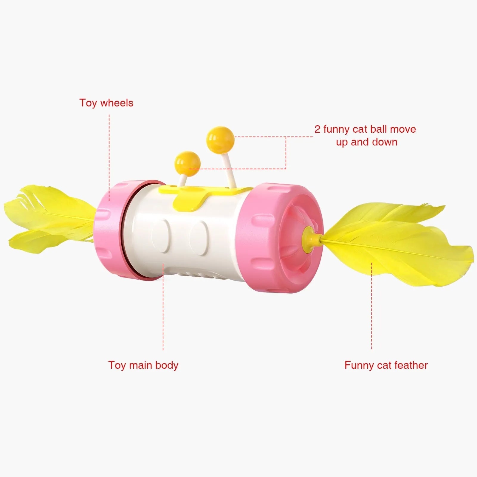 Blue interactive cat toy stick pole with tumbler and feather ball for chasing play.