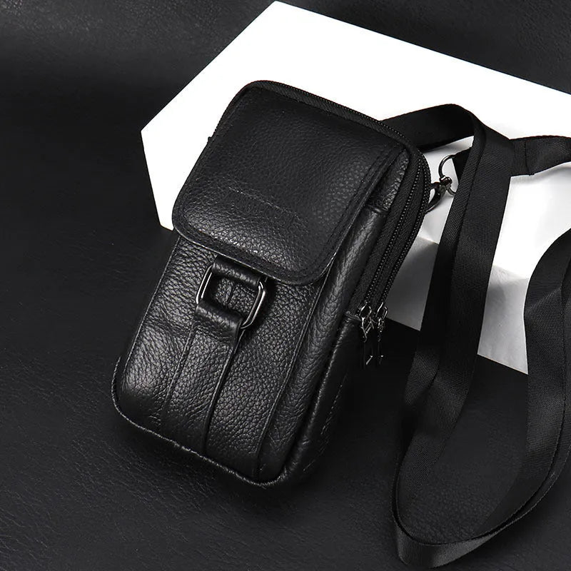 Genuine cowhide leather men's waist bag square vertical shape with sewing line detail black colour