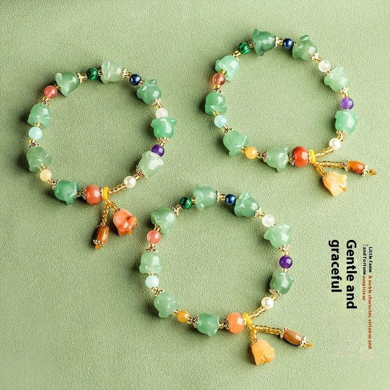 Natural Xinjiang jinsi jade bracelet with hand-carved aventurine orchid beads for women