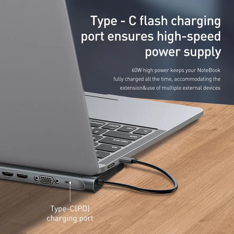 Grey aluminium USB C hub docking station with cooling bracket showing ten ports including HDMI and Ethernet