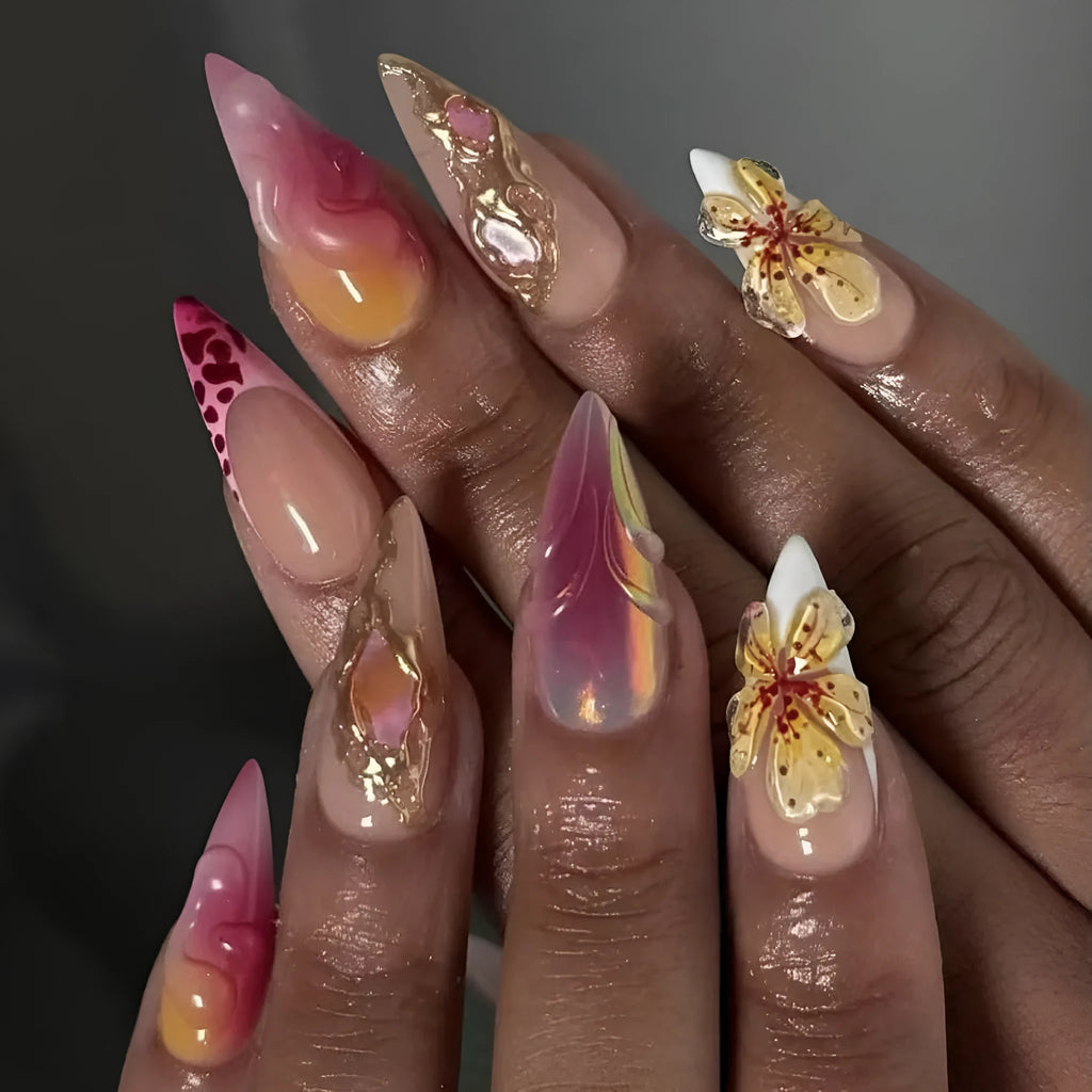 Set of 24 French gradient leopard print 3D flower nail stickers with glue in colour JP3852