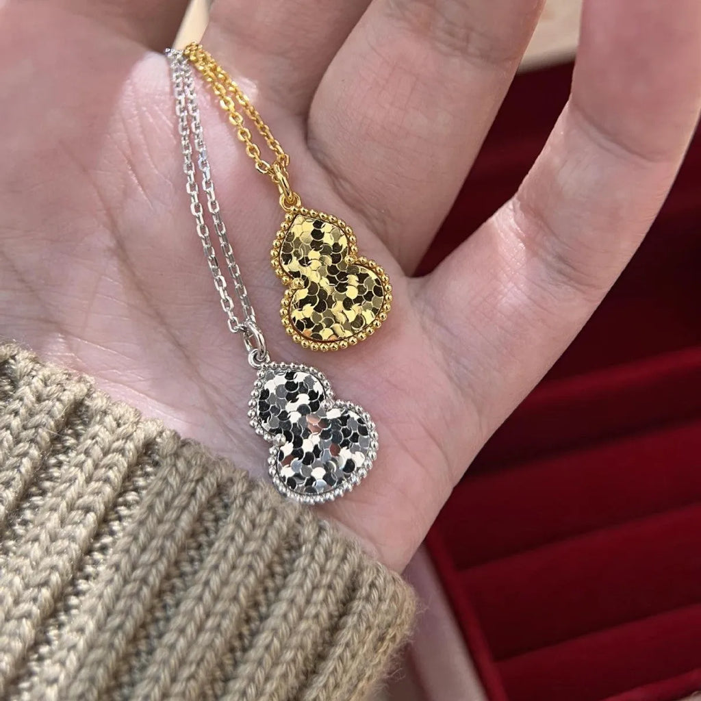 Gourd double-sided clavicle chain necklace for women, gold plated copper pendant, gold colour option on display
