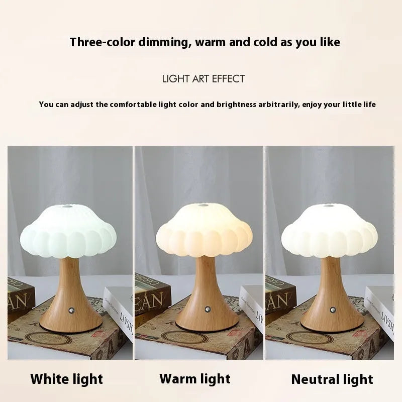 Mushroom lamp with touch control and USB charging in wood grain, white, cream, grey, or black colour