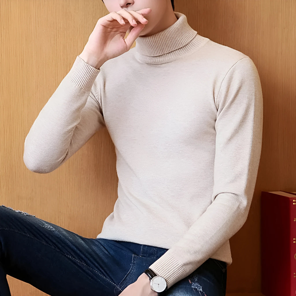 Men's knitted high-neck sweater in dark gray, straight fit, long sleeves, on a plain background