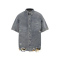 Black denim short sleeve suit with cut-edge stitching and leopard print, including top and shorts.