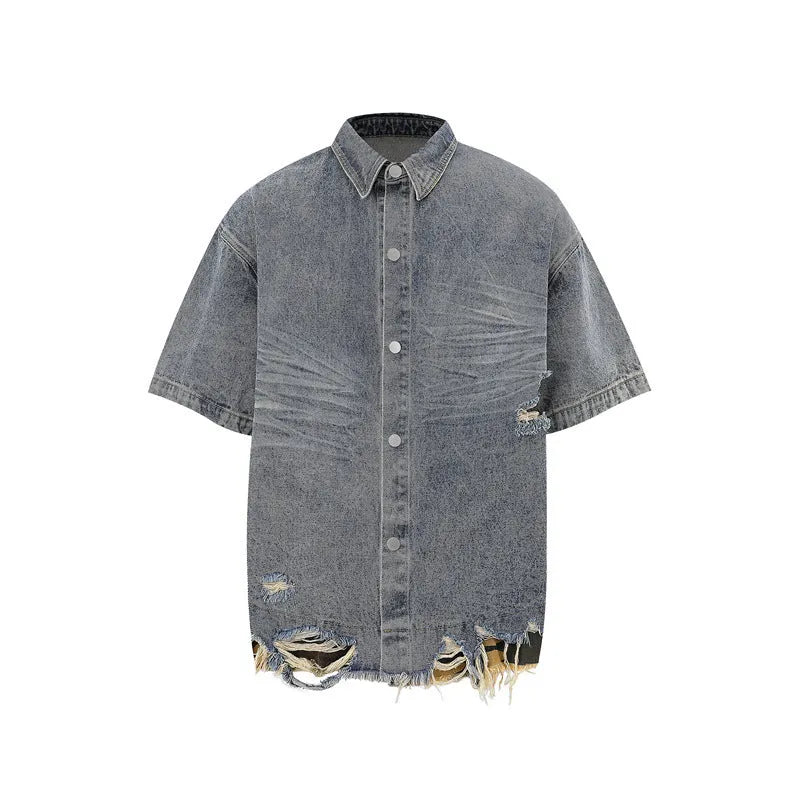 Black denim short sleeve suit with cut-edge stitching and leopard print, including top and shorts.