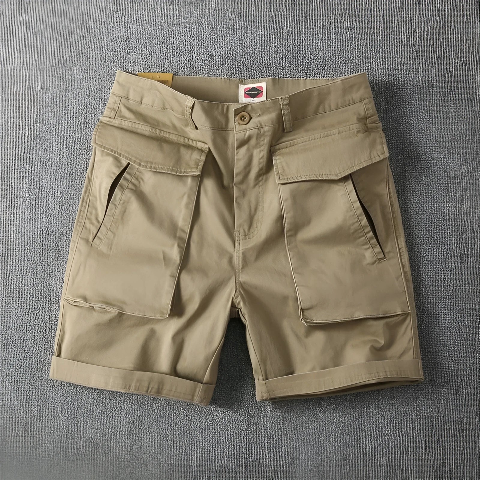 Men's stretch cotton cargo shorts in army green colour showing multiple pockets and straight-leg fit.