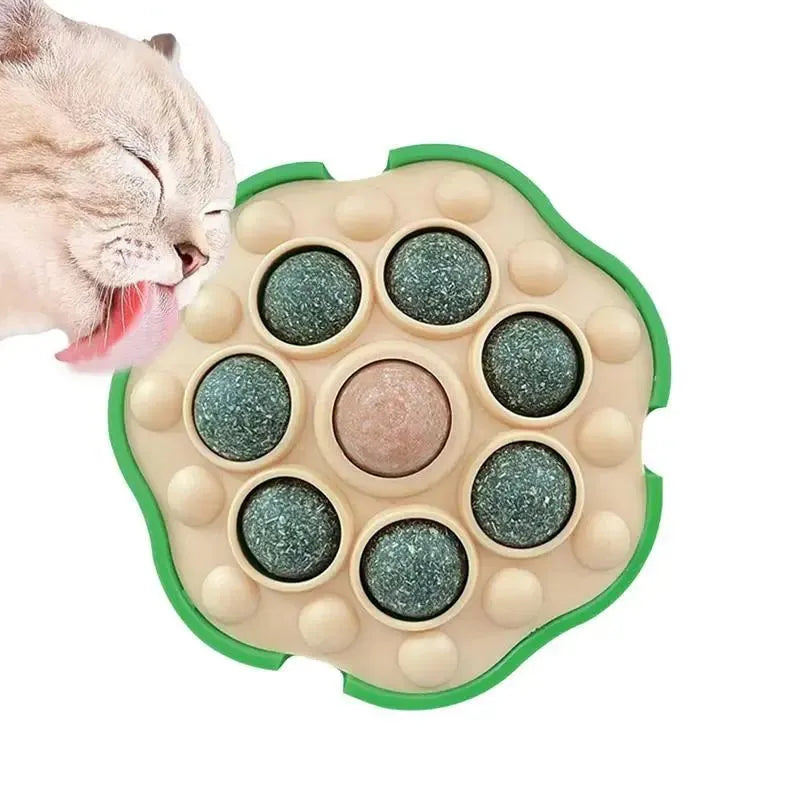 Green adhesive catnip ball toy for walls measuring 10.5x10.5cm with edible filling