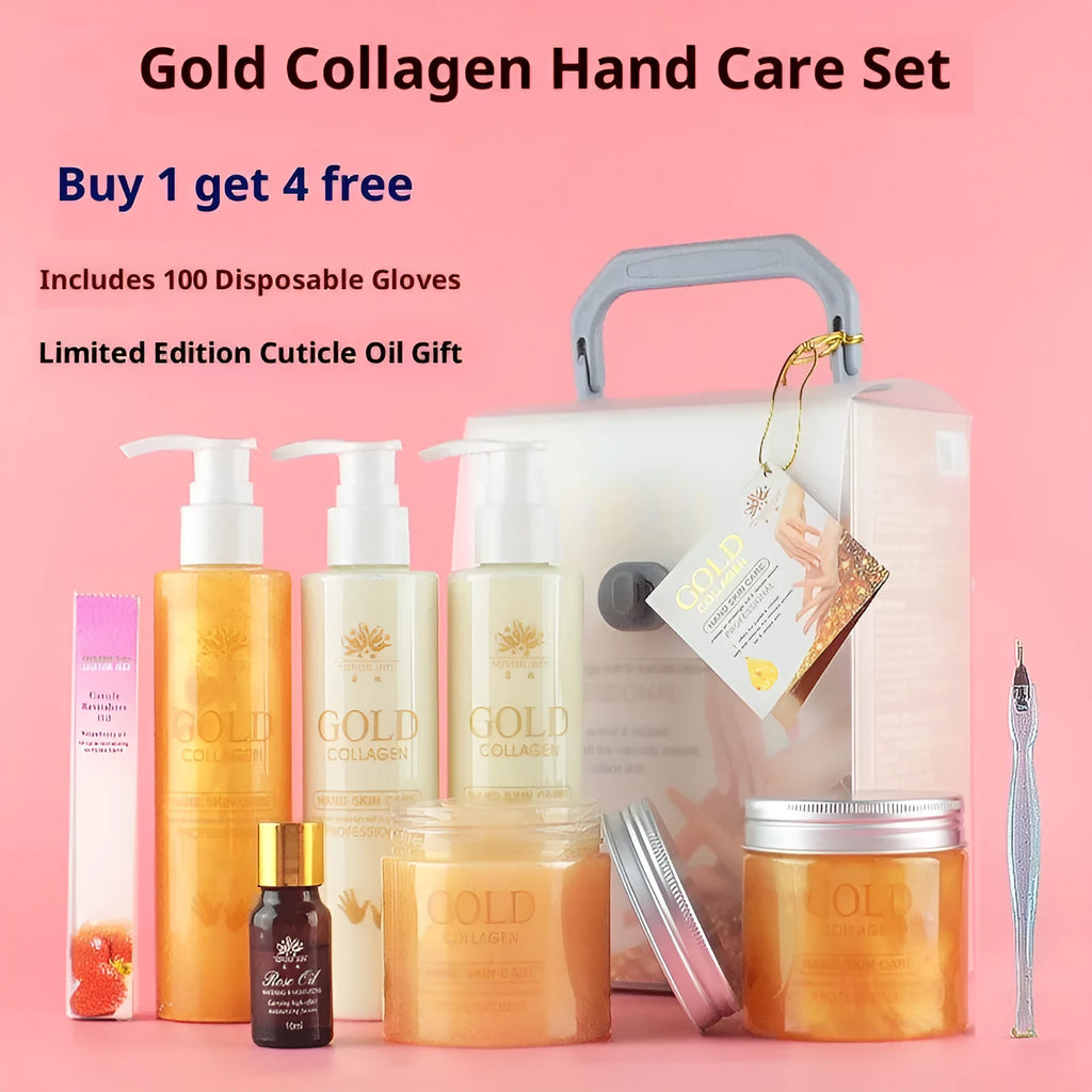 Gold Collagen Hand Care Set with seven products including hand cleansing gel, scrub gel, massage cream, hand mask, hand cream, and rose essential oil