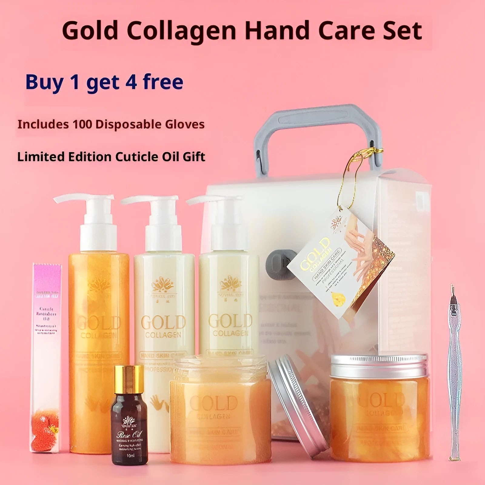 Gold Collagen Hand Care Set with seven products including hand cleansing gel, scrub gel, massage cream, hand mask, hand cream, and rose essential oil