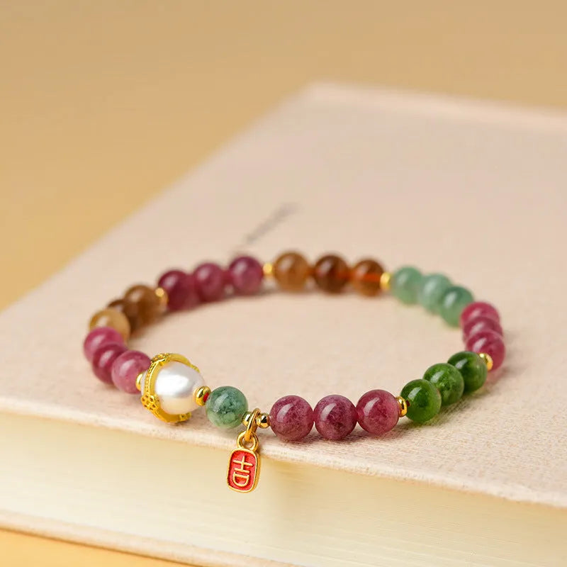 Geometric tourmaline and chalcedony bracelet with 6.5mm natural crystal beads