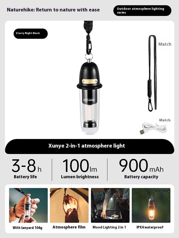 Portable camping lantern tent light in Misty Brown or Starry Night Black with hanging rope and Type-C cable