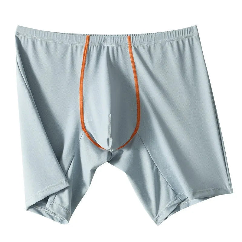 Men's ice silk nylon boxers with U convex pouch design in mid-waist fit showing colour options