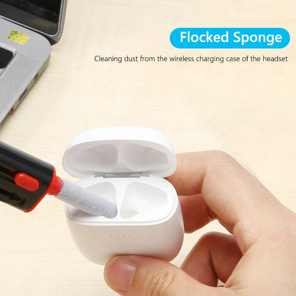 White and red AirPods cleaning pen with brush heads and flocking sponge for wireless earphone case cleaning