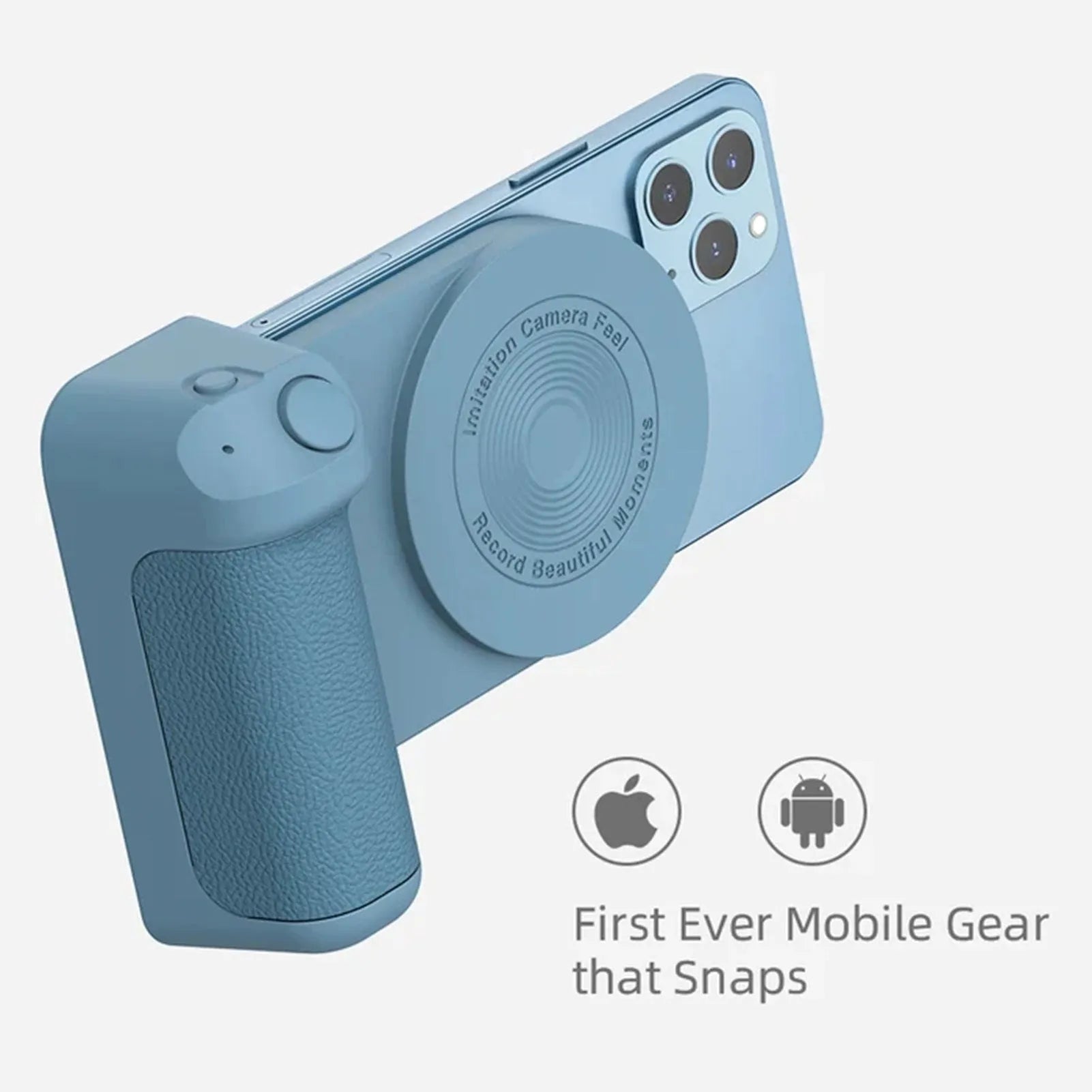 Black magnetic phone camera holder with rotatable grip and ergonomic PU leather handle