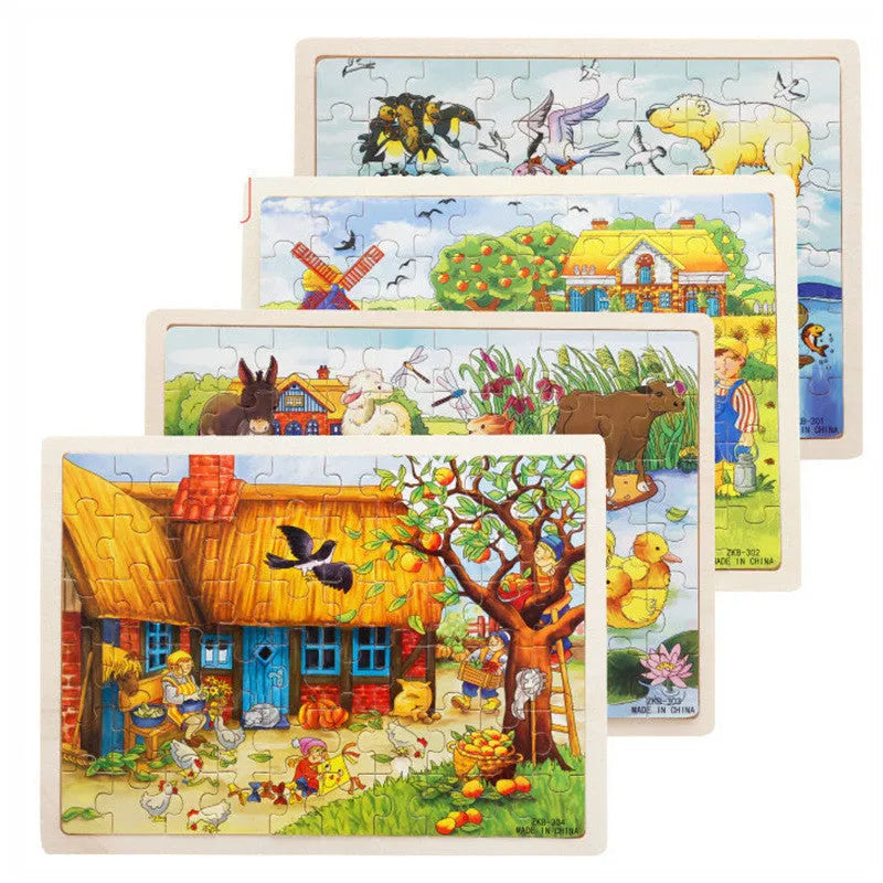 Wooden 60-piece early education puzzle for ages 3-6, 28 x 22.5 x 0.5 cm board, eight themed options