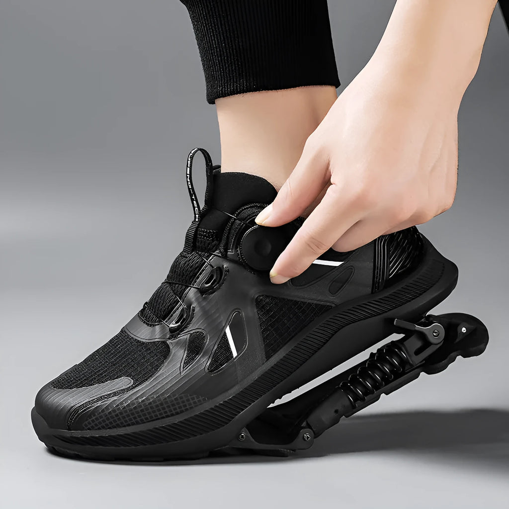 Black Power Mechanical running shoes with mesh upper and lace-up closure on a rubber EVA sole.