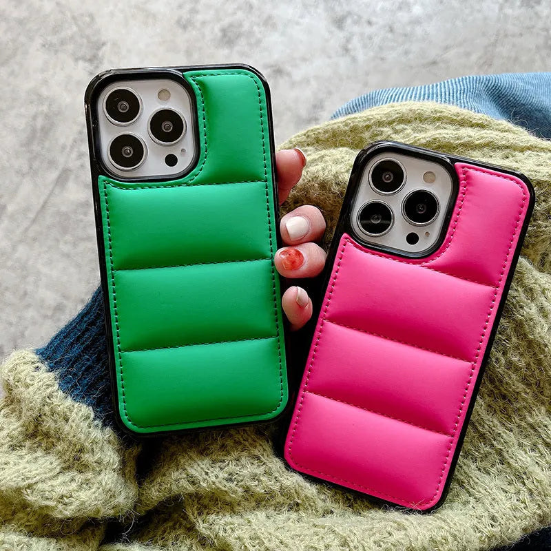 Candy down jacket shape iPhone case in black, white, rose red, and green colours