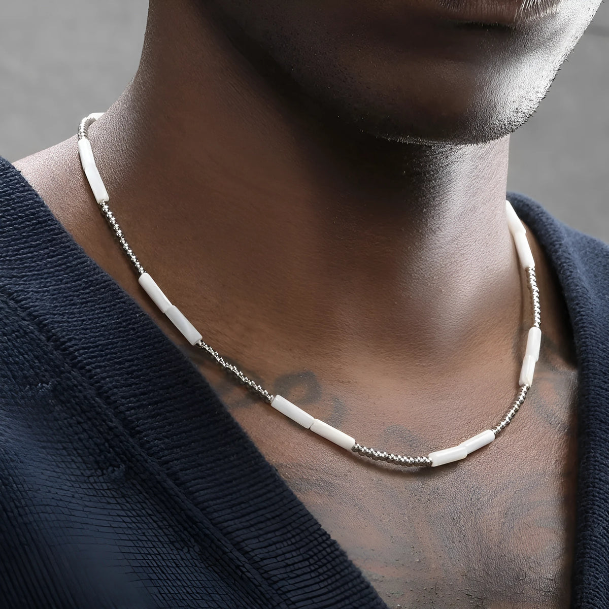 White shell and steel bead necklace, handmade silver collarbone chain in 45cm to 60cm lengths