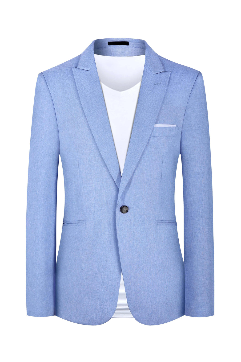 Men's light blue Western style casual suit blazer on a hanger, shown front and back.