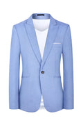 Men's light blue Western style casual suit blazer on a hanger, shown front and back.