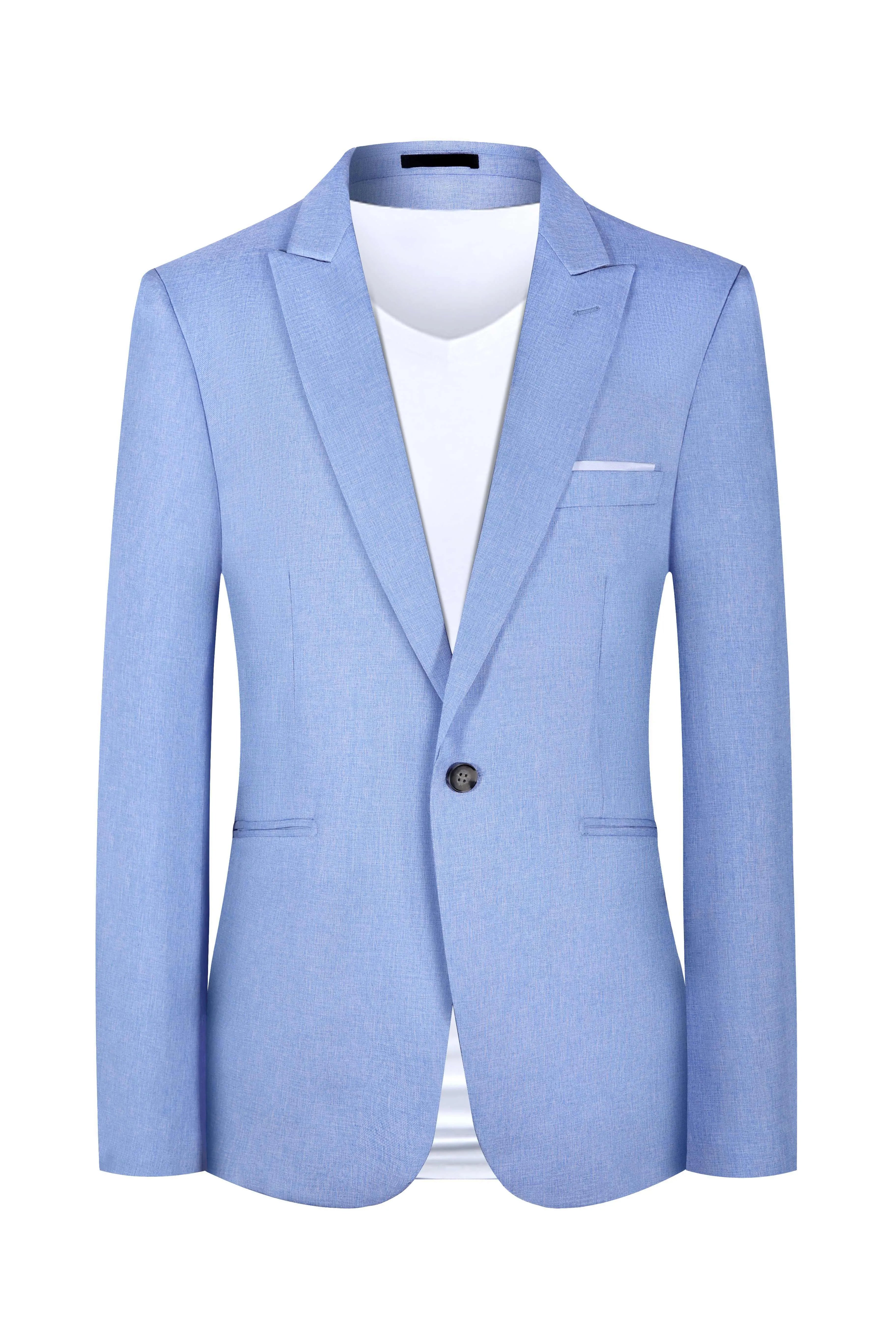 Men's light blue Western style casual suit blazer on a hanger, shown front and back.