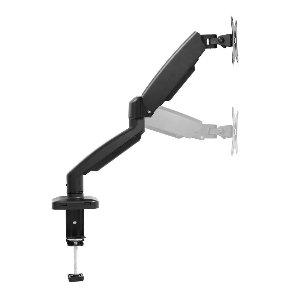 Black metal LCD screen rotating telescopic bracket elevated on desktop with adjustable angle
