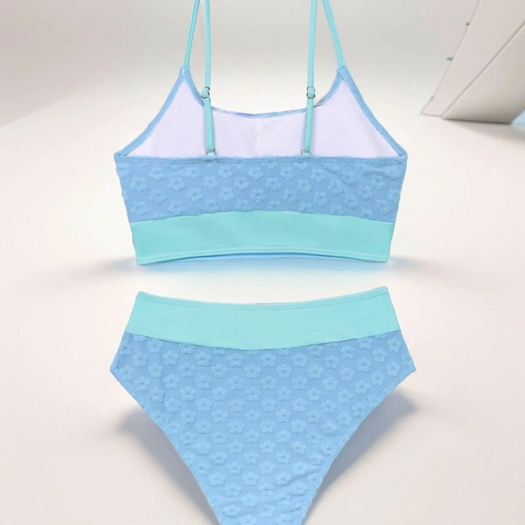 Women's high waist backless bikini swimsuit in blue or rose red, sizes S to XL, polyester fabric and lining.