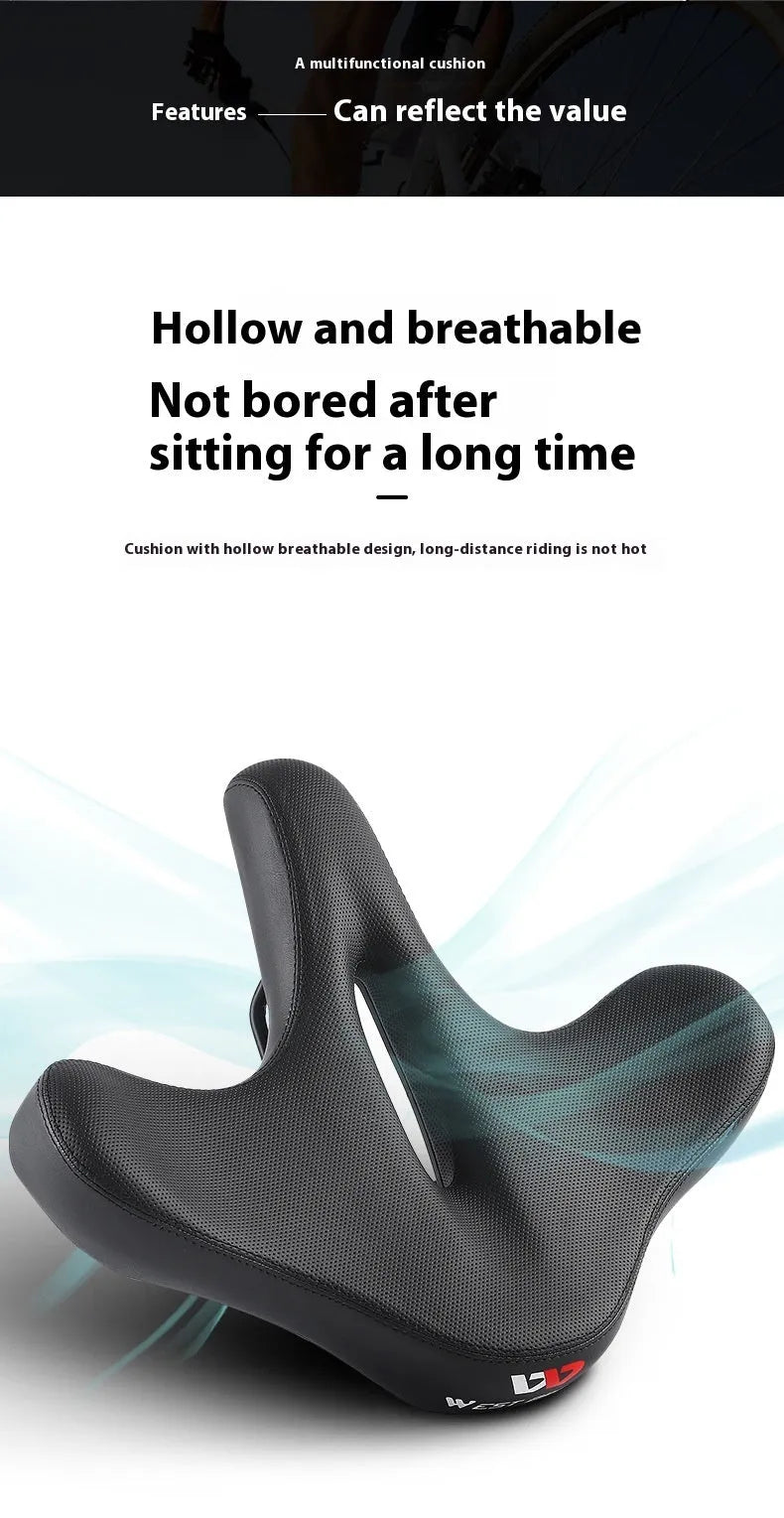 Black leather bicycle seat cushion with thick foam padding on a bike saddle.