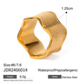 Stainless steel wide geometric wave ring with Korean style electroplated finish.