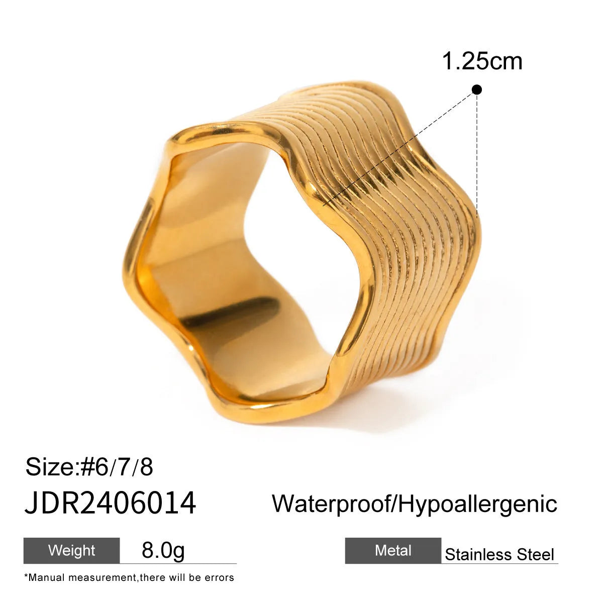 Stainless steel wide geometric wave ring with Korean style electroplated finish.