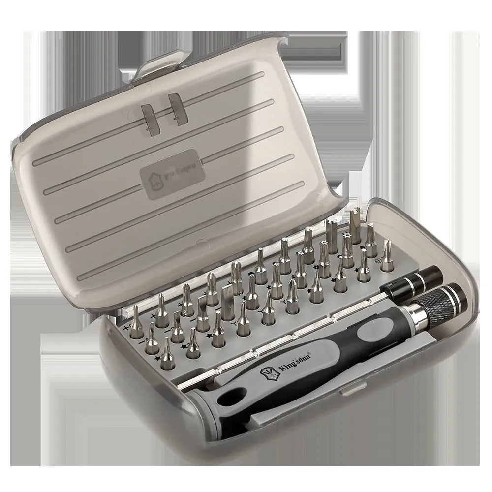 32 in 1 screwdriver set with 30 bits in a black PP plastic organiser case