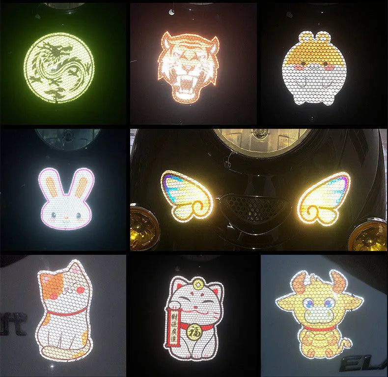 A pair of diamond-grade reflective safety stickers for vehicles, showing sample designs like a smiling cat or tiger.