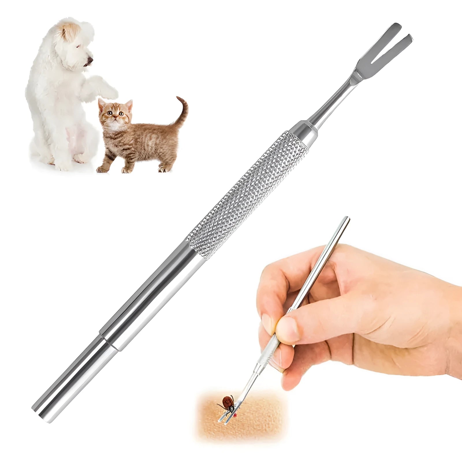 Silver stainless steel tick removal tweezers with fine tips and an ergonomic handle for pets.