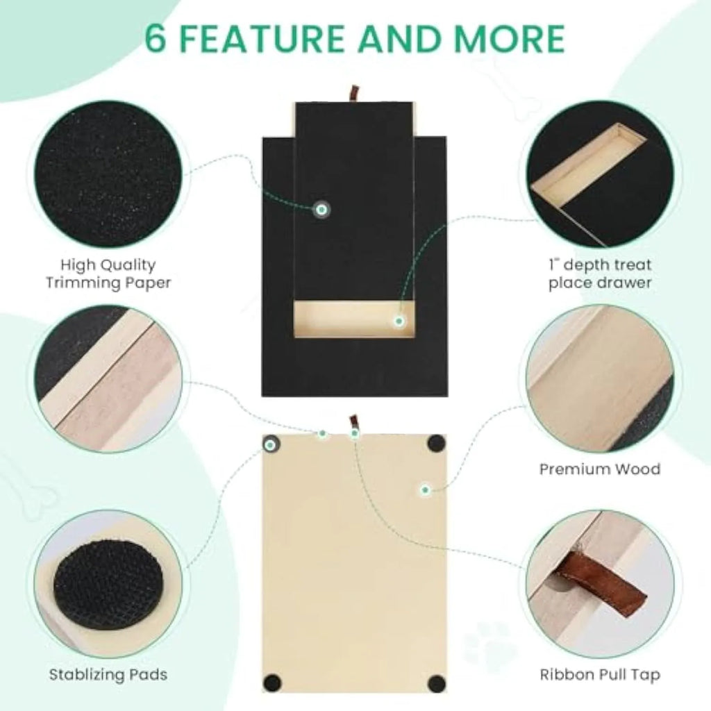 Premium wood dog nail scratch board with treat drawer and non-slip pads on a floor.